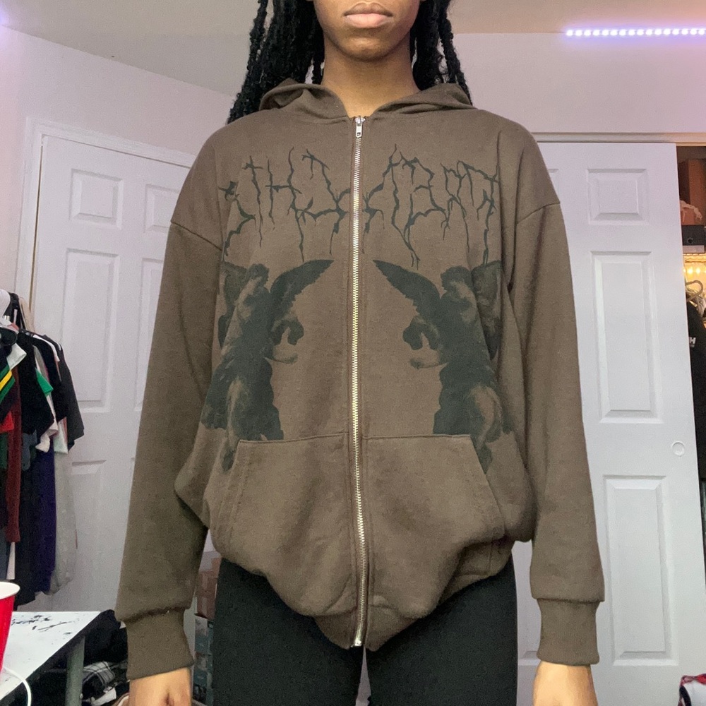 Emmiol Cherub Brown Print Zipper Hoodie